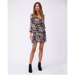 Paige Simi 100% Silk Sheer Sleeve Floral V-Neck Tie Waist Mini Dress M